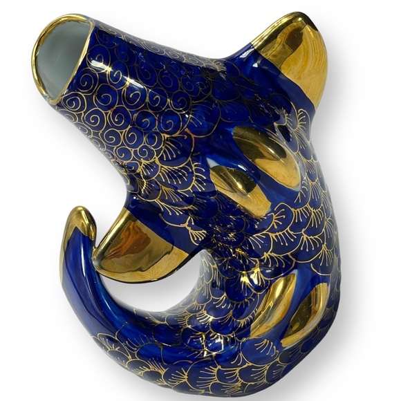 Asian Themed Vintage Colbalt Blue and Gold Koi Carp Open Mouth Fish Vase 6" Tall - Picture 3 of 13